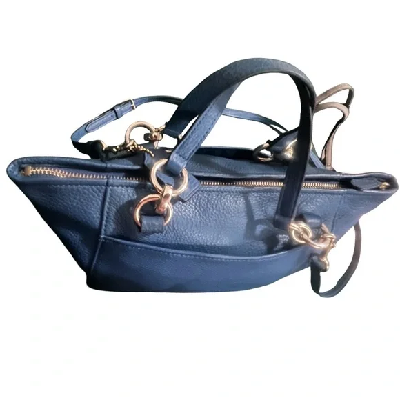 Coach Navy Leather Shoulder Tote with Gold Hardware - Picture 4 of 15